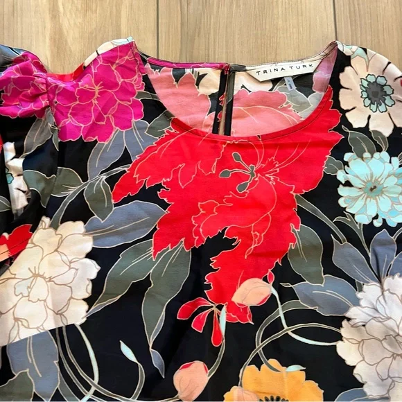 Trina Turk Floral Silk Blouse - Red, Black, and White / L - Picture 2 of 5